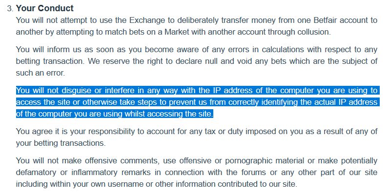 Fragment regulaminu Betfair